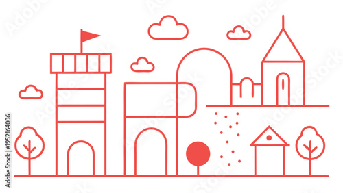A red linear outline drawing depicts a playground environment with a flag-topped tower and a arched tunnel flanked by stylized trees and clouds.