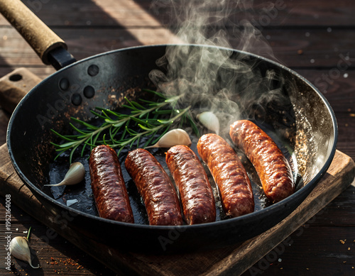 Sizzling Gourmet Sausages Frying in a Pan with Fresh Rosemary and Garlic