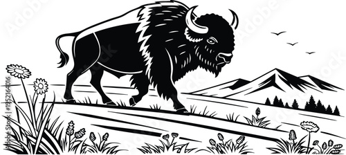 A black and white illustration of a majestic american bison walking across a grassy mountain meadow