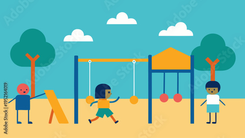 Two children are playing on a flat vector playground with yellow swings and blue horizontal bars set against a background of green trees.