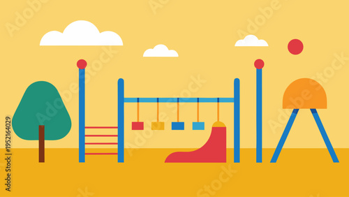 A stylized flat illustration depicts a colorful playground with a swing set and a red slide positioned under a bright yellow sky and sun.