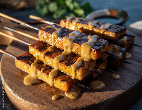 Grilled Tempeh Skewers with Savory Peanut Sauce on Wooden Board