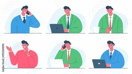 A collection of six individual panels showing a professional businessman in various colors of formal suits performing office tasks like using a computer and taking phone calls.