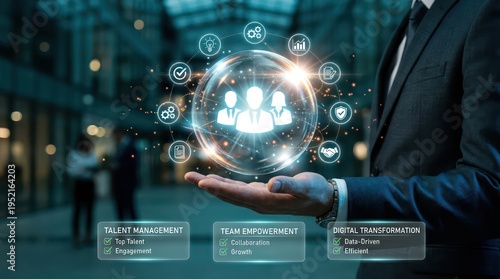 Corporate Leader Holding Digital Talent Management and Team Empowerment Interface with Futuristic Business Technology Icons in Office