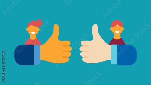 Two giant hands giving a thumbs up gesture with small people figures standing on the thumbs are positioned against a solid teal background.