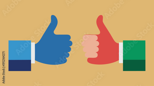 Royal blue and red flat vector hands with light blue and green sleeves showing thumbs up gestures of agreement over a warm tan backdrop.