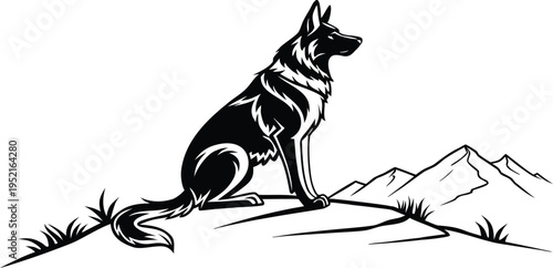 A black and white vector illustration of a majestic german shepherd sitting on a mountain peak