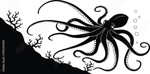 Vector octopus illustration with underwater elements