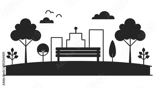 Detailed black silhouette of an urban park with a large wooden bench and building skyline on a curved ground against a white background.