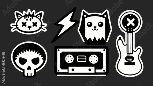 A collection of six white-outlined grunge stickers featuring a skull and a cassette tape is displayed against a dark gray background.