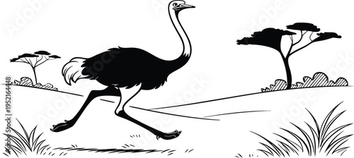 A black and white line art illustration of a large ostrich running through the african savanna