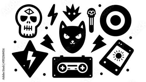 A diverse set of solid black icons including a tribal skull and a handheld media player is scattered across a white background in a flat style.