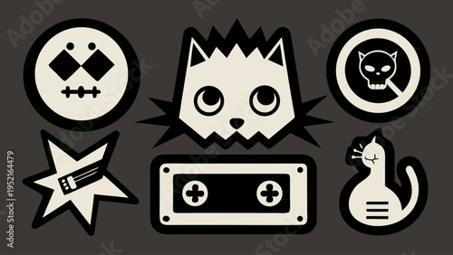 Six cream-colored grunge stickers featuring a cat face and a stitched-mouth character are organized on a dark gray background in a grid layout.