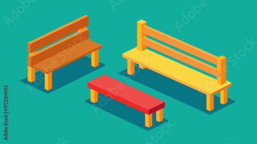 Three isometric colorful wooden park benches including one red bench are floating over a solid teal background with soft shadows beneath them.