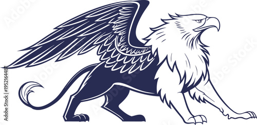 Majestic Griffin Vector Illustration in Dark Blue and White, Mythical Creature with Eagle Head and Lion Body, Ideal for Heraldry, Mascot, or Fantasy Designs