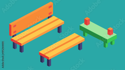 A set of three isometric benches featuring orange and green colors is displayed on a turquoise background with purple shadows cast beneath.