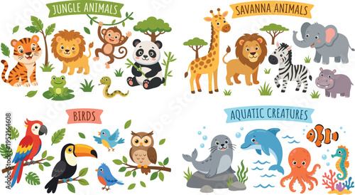 Cute Cartoon Animal Vector Set Featuring Jungle, Savanna, Birds, and Aquatic Sea Creatures for Children's Educational Books, Nursery Wall Art, and Sticker Designs