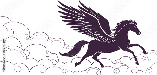 Majestic Purple Pegasus Flying Through Clouds Vector Illustration - Mythological Winged Horse Graphic for Fantasy Designs, Logos, and Banners