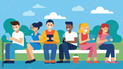 Six diverse individuals sit on a white bench while interacting with blue handheld electronic devices in a park with rounded green foliage.