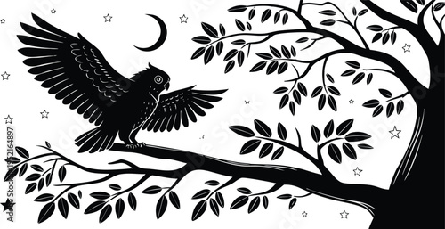 A silhouette illustration of a majestic owl perched on a tree branch under a crescent moon sky
