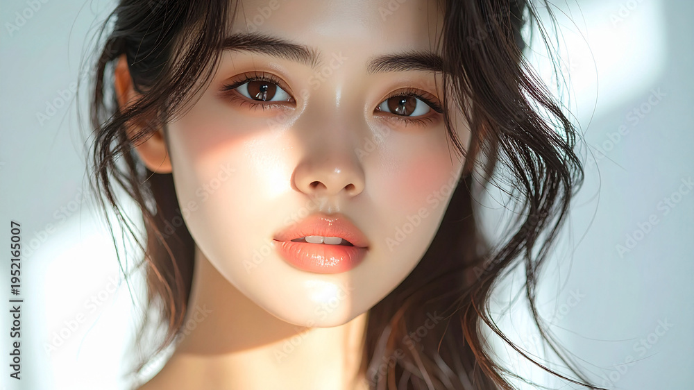 Fototapeta premium 自然光で輝く美肌の日本人女性クローズアップ