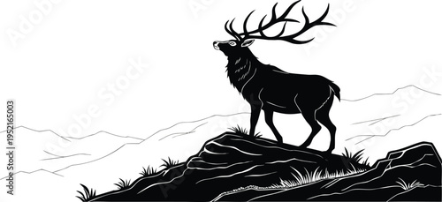 Fotografie A majestic elk standing on a rocky mountain peak depicted in a high contrast bla