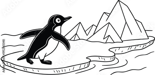 A cute little penguin standing on a floating ice floe near snowy mountains in a simple drawing