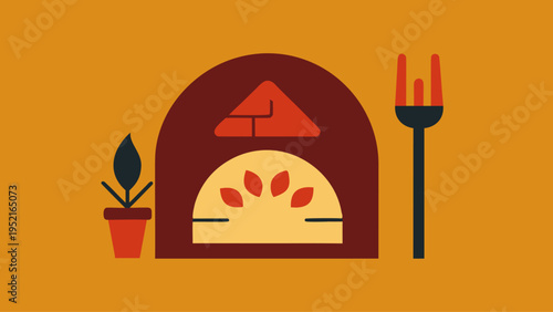 A minimalist pizza oven logo featuring a maroon arch with a stylized flame and floral elements on a solid mustard yellow background.