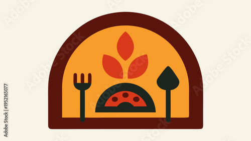 A flat design pizza logo depicting a brown oven arch with a black pizza slice and three orange leaves against an off-white background.