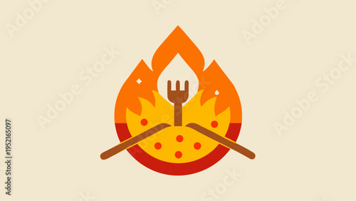 A stylized pizza logo featuring an orange flame rising from a red crust with brown utensils including a fork and paddles on a beige background.