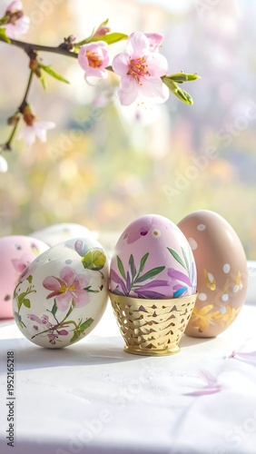 A close-up of decorated eggs on a table