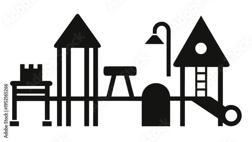A black silhouette of playground equipment elements like towers and a slide stands against a plain white background in a linear arrangement.