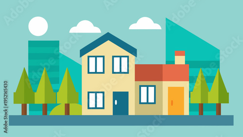 A two-story beige house with a blue gabled roof and a smaller red-roofed attachment is surrounded by evergreen trees against a teal background.