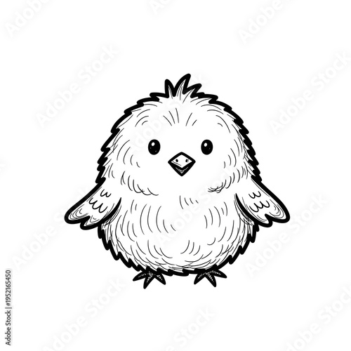 Cute fluffy baby chick illustration in black and white line art, cartoon style, front view, adorable animal drawing.