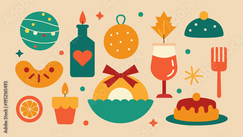 A flat vector collection of whimsical holiday dinner elements including a teal bauble and an orange bowl with a red ribbon on a yellow background.