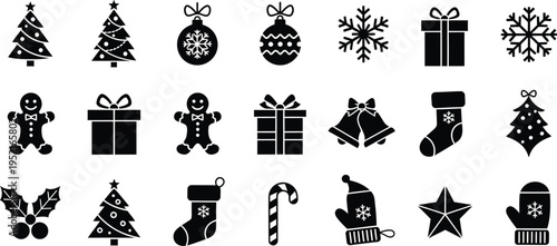 Christmas icons: tree, ornament, present, snowflake & stocki