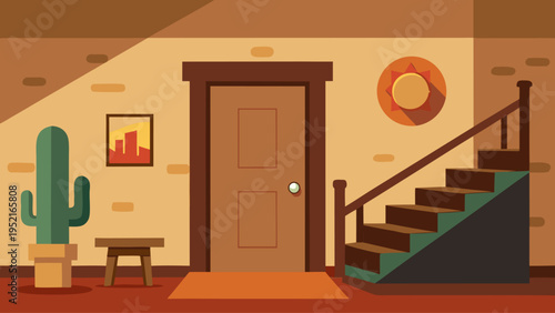 A flat vector architectural illustration showing a rustic house entrance with a brown door and a staircase featuring a green side panel.