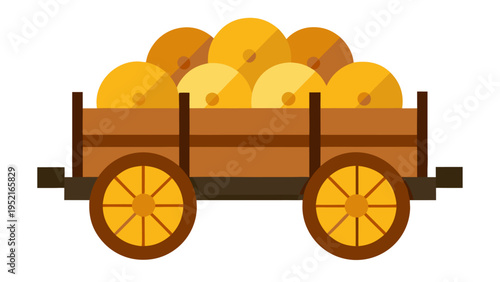 A flat vector illustration of a brown wooden farm wagon with yellow spoked wheels carrying several round yellow hay bales on a white background.