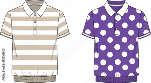 Men polo shirts vector illustration featuring striped and polka dot designs, short sleeve casual apparel mockup, isolated clothing templates for fashion design and branding