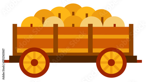 A flat vector illustration of a rustic wooden wagon loaded with many round golden hay bales and red-rimmed wheels on a white background.