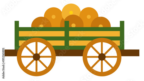 A rustic wooden farm wagon with green railings and large spoked wheels is depicted carrying a full load of golden hay bales against a white background.