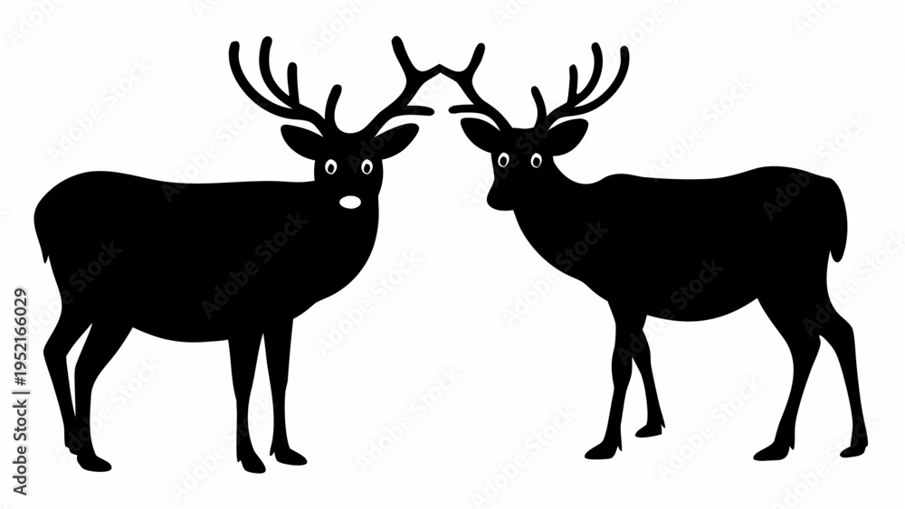 Fototapeta premium Two deer with big antlers face each other in a striking black silhouette against a white background