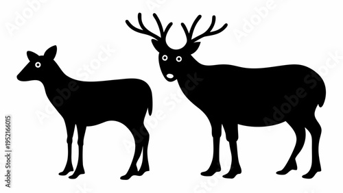 Two deer silhouettes with one large antlered buck and small doe standing side by white background