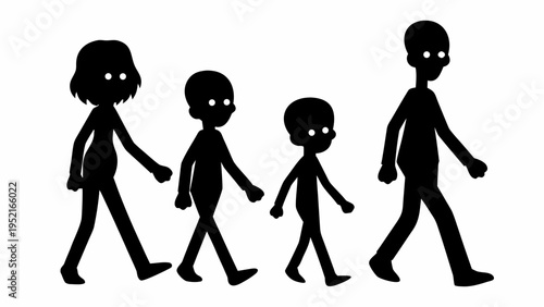 Family walking together in silhouette happy and united against a white background symbolizing love and togetherness