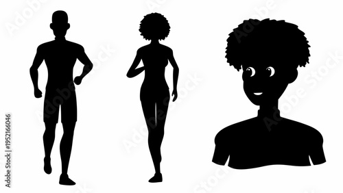 Running athlete silhouette set black figures of man and woman jogging afro hairstyle isolated on white background