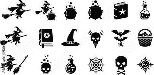 Halloween icons: witch, skull, potions, hat & spiderweb