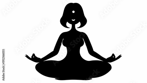 Woman in serene yoga meditation pose silhouette with peaceful expression on white background
