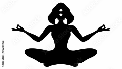 Woman in black silhouette meditating in lotus position with hands in yoga mudra on white background