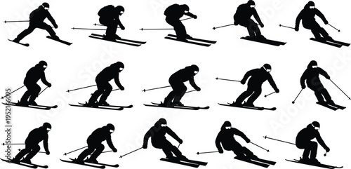 Skier silhouettes collection performing downhill skiing actions, dynamic winter sport poses vector set isolated on light background, perfect for snow, adventure, and alpine design