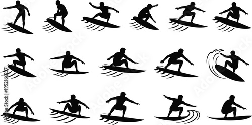 Surfing silhouettes set with dynamic surfer poses riding waves, black vector illustration isolated on light background, ideal for ocean sport, summer, and adventure design